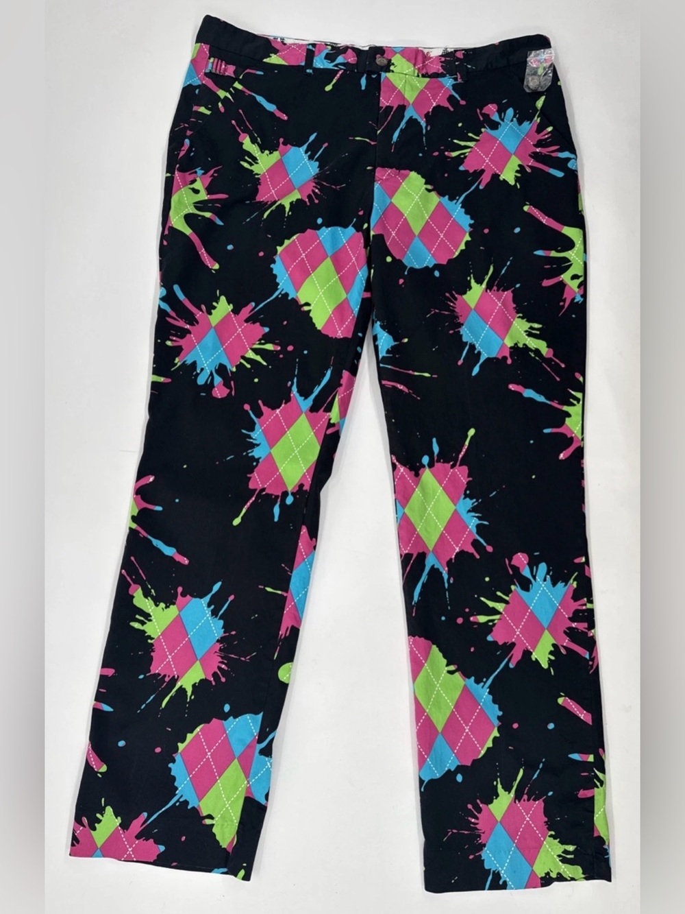 Royal and Awesome Golf Pants Mens 44x34 Black Chino Paint Splatter Argyle NWOT